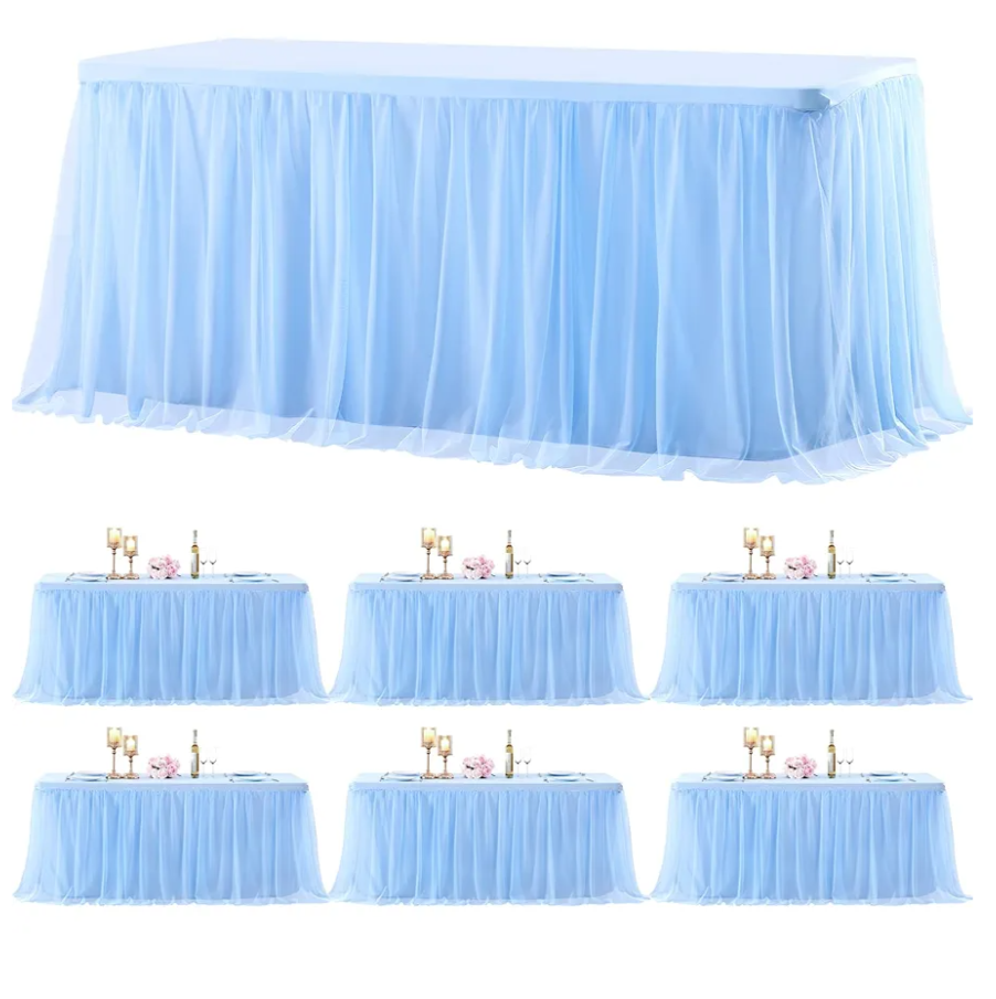 6 Pack Baby Blue Table Cloth for 6 Foot Rectangle Tables, Tulle Table Skirt Stretch Fitted Table Covers, Rectangular Tablecloth Ruffle Tutu Table Cloths Wedding Banquet Party Tablecloths Table Decor