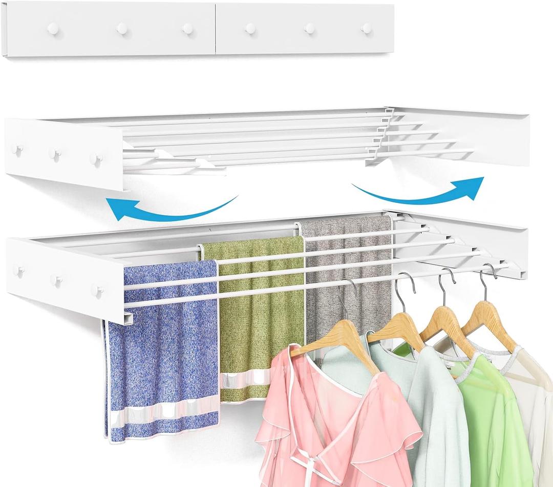 Wall Mounted Drying Rack for Laundry 31.5'', Folding Clothes Drying Rack Wall Mount with 5 Rods and 6 Hooks, Space Saving Collapsible Towel Rack for Indoor Outdoor Bathroom Balcony (White, 31.5'')