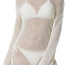 QINSEN Womens Crochet Bathing Suits Cover Up Boat Neck Mesh Knit Beach Dress Swim Vacation Outfits (Small, Beige)