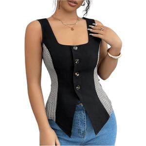SOLY HUX Women's Color Block Button Down Tank Tops Square Neck Sleeveless Fitted Work Office Tops