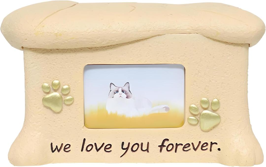 pet urns for Cats - cat urns for Ashes with Photo Display and Golden paw Prints, 7.48l x 5.51w x 4.33h, cat urns for Ashes