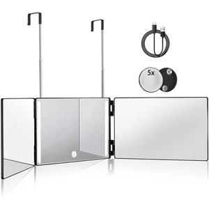 HIEEY 3 Way Mirror for Hair Cutting with LED,360 Trifold with Height Adjustable Telescoping Hooks,and 5X Magnification,for Makeup and Styling (Black)