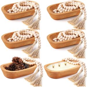 LemonRoad 12 Pcs Wooden Dough Bowl for Candle Making Wood Table Centerpiece Decorations Beads String with Tassel Decorative Bowl Natural Rustic Filler Tray Farmhouse Dining Kitchen(Caramel,Short)