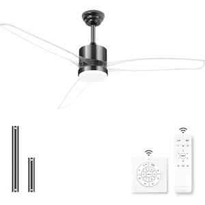 OKELI Clear Ceiling Fan with Light, 52 Inch Black Transparent Ceiling Fans with Light and Remote 3 Reversible Blade LED Ceiling Fan and Light Combo for Living Room, Bedroom, Patio