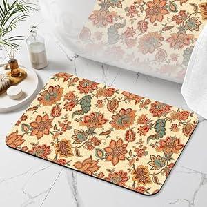 Identiy Bathroom Rug, Boho Indian Floral Paisley Bath Mat for Tub Non Slip, Soft Absorbent Easy Clean Quick Dry Bathroom Mat for Tub Shower Home Decor 17x29 inch
