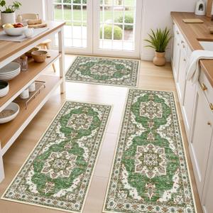 Tritard Non Slip Kitchen Rugs Sets of 3 Washable Kitchen Rug Boho Kitchen Mats for Floor Soft Kitchen Runner Rug Non Skid Kitchen Floor Carpet for Entryway Hallway Laundry Room, Green (20"x32"+20"x48"+20"x59")