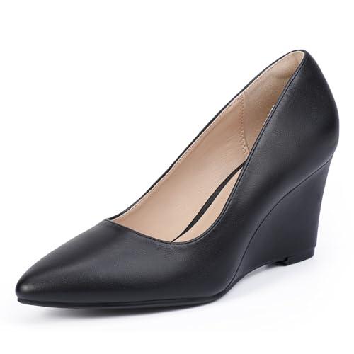 IDIFU Black Wedges for Women - Closed Toe Wedge Pumps with Low Heel, Pointed Toe - Work Office Formal Business Dress Shoes - Cute, Casual, Dressy, Comfortable, Trendy - Wedge Pumps (Black Pu, 8)