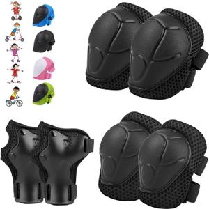 WayEee 6PCS Kids Protective Gear Set, Knee Pads for Kids 3-14 Years Old, Toddler Knee Pads and Elbow Pads, Wrist Guards Set, Skating Cycling Bike Rollerblading Scooter, Upgraded & Durable Material (Black)
