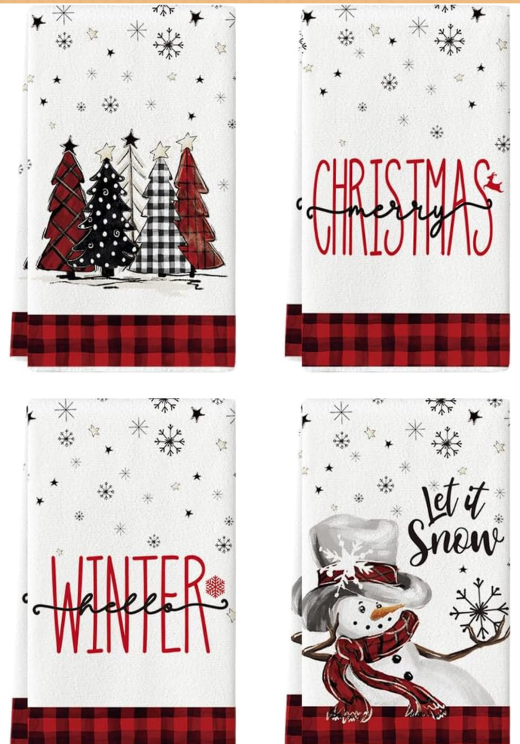 Artoid Mode Red Black Buffalo Plaid Snowman Xmas Trees Christmas Kitchen Towels Dish Towels, 18x26 Inch Daily Seasonal Winter Decoration Hand Towels Set of 4