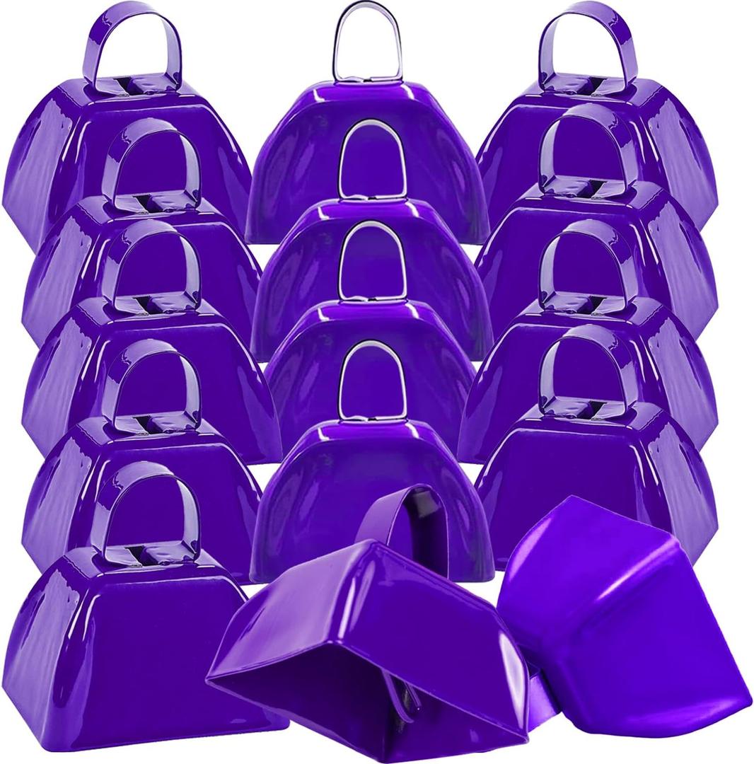 15 Pack Metal Cowbells 3 Inch Purple Cow Bells Noise Makers Loud Cow Bell with Handles, Small Cowbell Hand Percussion Cowbells for Sporting Events, Cheering, Football Games, Weddings