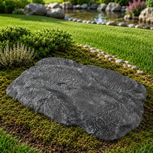 Low Profile Faux Rock Cover 30" W x 20" L x 3" H, Flat Fiberglass Landscape Rock for Well Caps, Septic Lids & Utility Concealment, Realistic Natural Texture, Charcoal Slate Gray