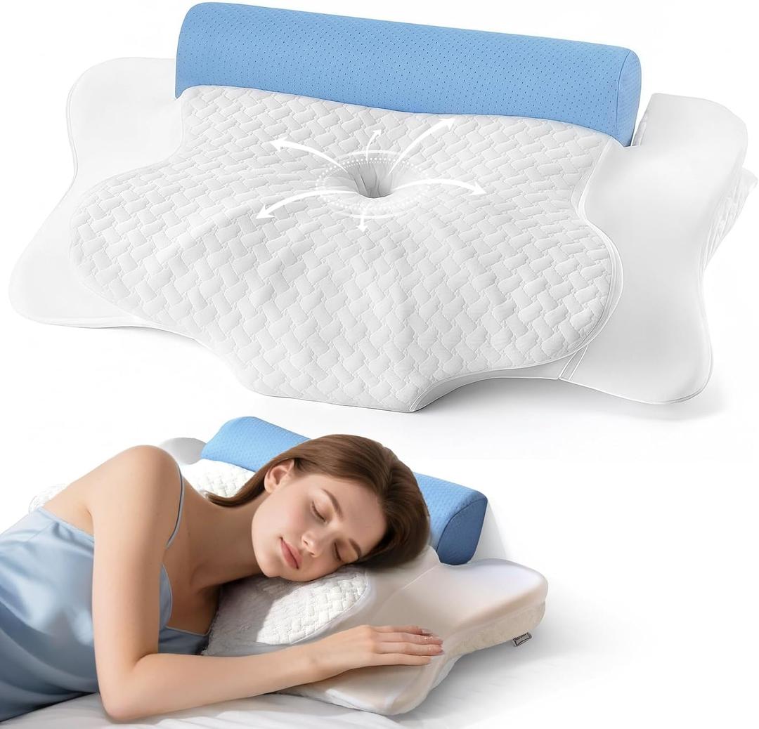 Cervical Neck Pillow for Sleeping, Ergonomic Contour Memory Foam Pillow for Neck and Shoulder Pain Relief, Soft for Side Sleep Stomach Sleeping and Back Sleeper (White&blue)