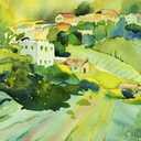 ART.COM Wall Art Print Watercolor Landscape of Village on a Hill by Painterstock, 36" x 24"