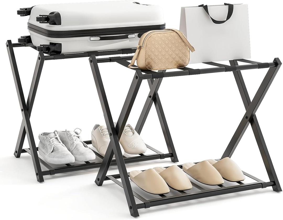 Tangkula Folding Luggage Rack Set of 2, Foldable Suitcase Stand with Storage Shelf, Strong Nylon Straps, Heavy-duty Metal Luggage Holder for Guest Room, Hotel, Bedroom (Black, 2 Pack)