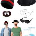 Halloween Costume Accessories Men Set Include Black Hat Beanie Cap Sunglasses Transparent Lens Glasses Fake Beard Blue Particles for Cosplay Party