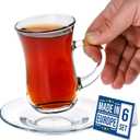 Volarium Small Turkish Tea Set 12 Piece Modern Turkish Tea Glasses & Saucers Set, 6 PCs 4.9 oz (145 cc) Clear Glass Tea Cups with Handle and 6PCs Glass Saucers
