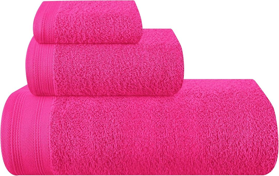 Ultra Soft 3 Pack Cotton Towel Set, Contains a Bath Towels 28x55 inch, a Hand Towels 16x24 inch & a Wash Cloths 12x12 inch, Ideal Everyday use, Compact & Lightweight - Hot Pink