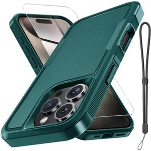 RMOCR Case for iPhone 16 Pro Max Phone Cover with Screen Protector,Military Grade Heavy Duty Shockproof Phonecase with Wrist Lanyard Strap for iPhone 16Pro Max,Dark Green