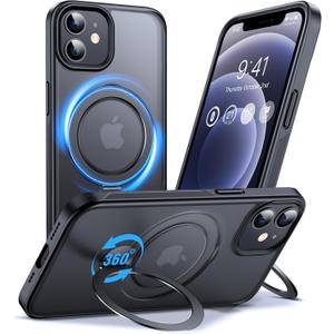 Anqrp 360 All-in-ONE Stand Case for iPhone 12/12 Pro Case with Rotatable Magnetic Kickstand Ring Holder, Compatible with MagSafe, MIL-Grade Shockproof iPhone 12/12 Pro Phone Cover, Black