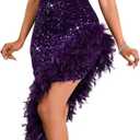 dasmzper Women's Sexy Sequin Off The Shoulder V Neck Mesh See Through Dress Feather Hem Bodycon Evening Maxi Dress (Large, Purple-new)