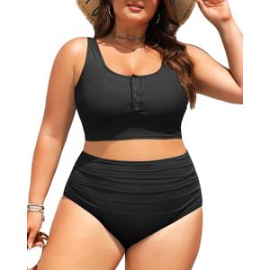 Plus Size 2 Piece Swimsuit - Womens High Waisted Bikini Tummy Control Bathing Suit Ribbed 2025 Swimwear (Black), Size 16W