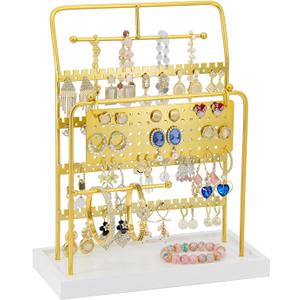 Jewelry Organizer Stand Metal Jewelry Display Rack with Wooden Tray Necklace Stand Partitioned Storage for Rings, Earrings and Bracelets Jewelry Rack(Gold)