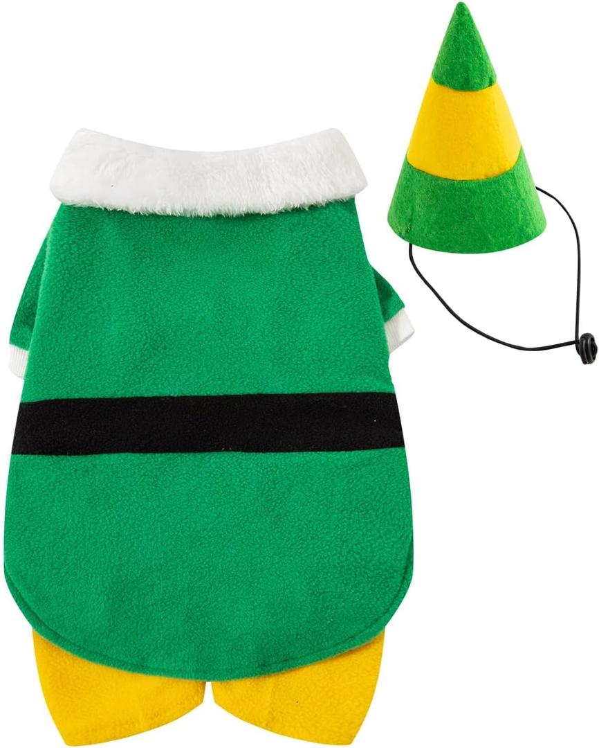 Dog Elf Costume for Pets Party Winter Warm Clothes Dog Christmas Outfit with Cap (Large) (Green)