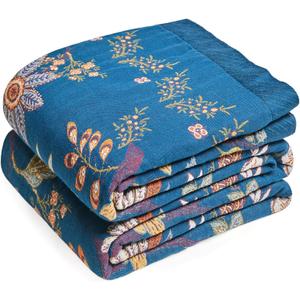 Boho Throw Blanket - 100% Cotton Ultra Soft Muslin Summer Blanket, 50"x60" Lightweight Floral Butterfly Framhouse Bedding Blanket for Bed, All Season Blue Bohemian Bedroom Home Decor Quilt, Secret Garden