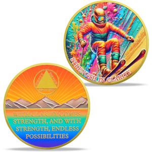 Affirmation Skiing Sobriety Coin Strength in Clarity AA Medallion Colorful Recovery Chip for Sober Milestones Unique Sobriety Gift for Men & Women in Recovery