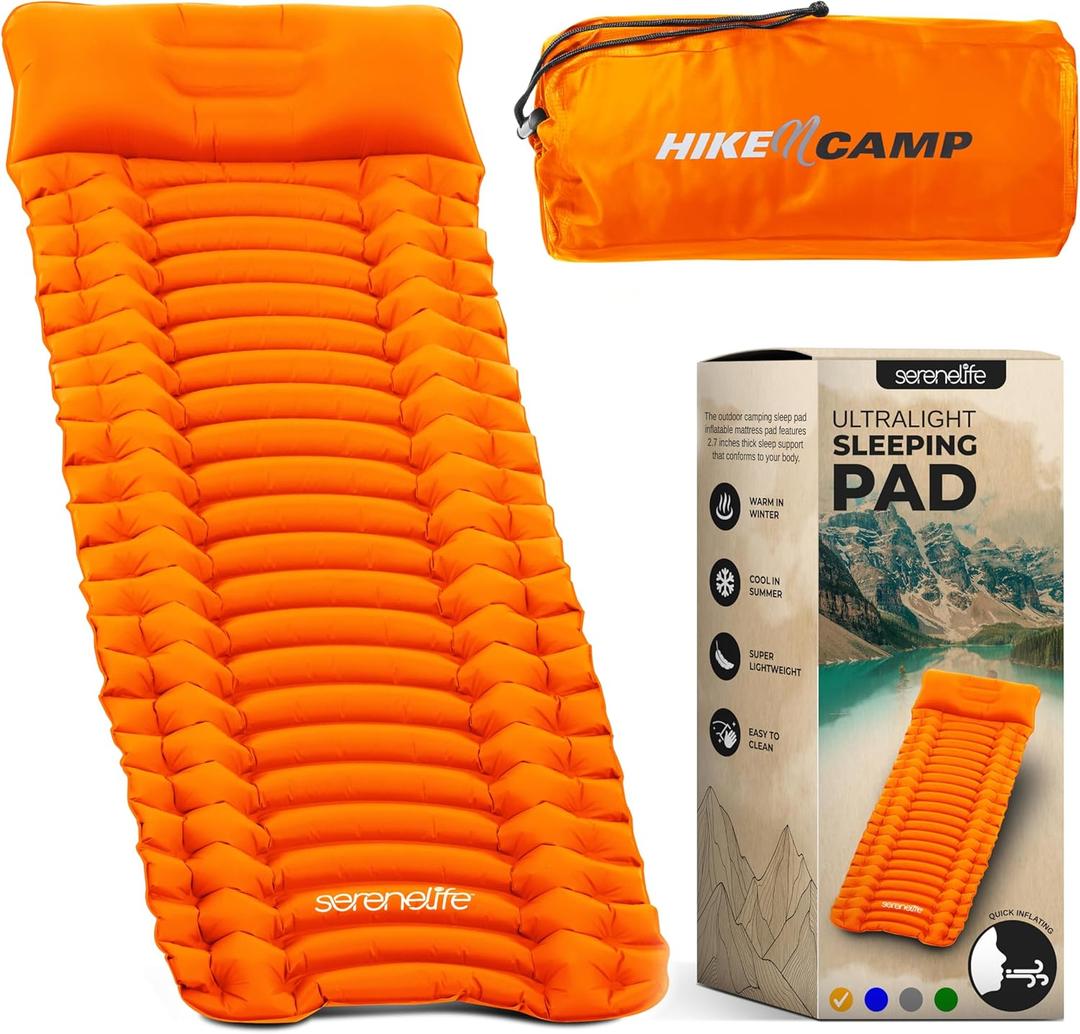 SereneLife Camping Mattress, 2.7" Backpacking Inflatable Air Mattress for Camping, Waterproof Lightweight Sleeping Mat with Carry Bag, Tear-Resistant Nylon for Hiking, Travel, Outdoor, Orange