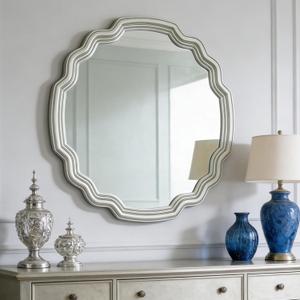 Decorative Silver Round Wave Mirror - 26 Inch Scalloped Edge Circle Mirror for Wall Decor, Vintage Silver Frame Bathroom Vanity Living Room Nursery Wall Mounted Mirrors with Shatterproof Glass