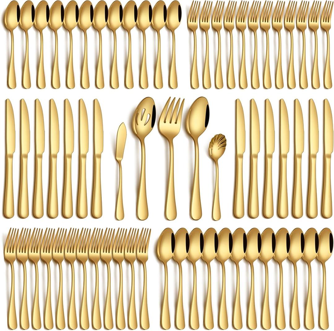 65 Piece Gold Silverware Set with Serving Utensils, Stainless Steel Flatware Set for 12 Food Grade Cutlery Utensil Set Include Knife Fork Spoon Mirror Polished Dishwasher Safe
