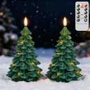 Lasumora Christmas Tree Shaped LED Candles with Remote Timer, 2 Pcs Flameless Pillar Candles with Embedded String Lights, Battery Operated Flickering Green Candles for Christmas Home Dcor