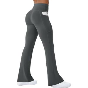 COPYLEAF Womens Yoga Pants with Pockets High Waisted Flare Leggings Bell Bottom Yoga Dress Pants Seamless Bootcut Pants (Medium, Dark Grey)