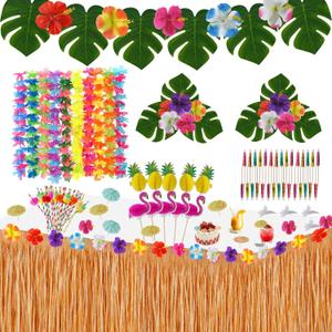 Hawaiian Luau Party Decorations Set - Tropical Grass Table Skirt With Palm Leaves and Flowers for Beach Summer BBQ Tikki Bar Theme Party