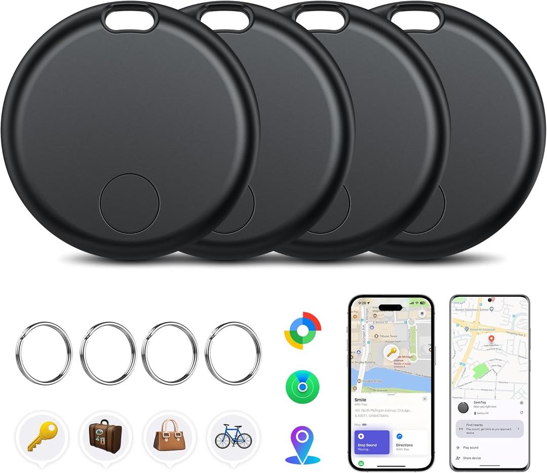 Air Tracker Tags-4 Pack Seektags Dual-System Compatible for Apple Find My & Android Find Hub, 400 Days Battery with CR2032, 100dB Alarm, Compatible with iOS & Android for Keys Wallet Luggage
