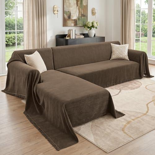CAPALOCA Sectional Couch Covers 2 Pieces, L Shaped Couch Cover with Herringbone Pattern Chenille Sectional Cover Washable Sofa Slipcovers (XXX-Large: 71" x 118" + 91" x 134", Coffee)