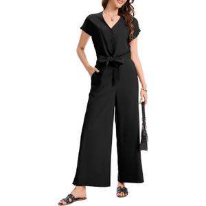Dressystar Women's Summer 2 Piece Outfits Casual V Neck Crop Tops Wide Leg Pants Set Cap Sleeve Tracksuit Lounge Travel Sets (Black, S)