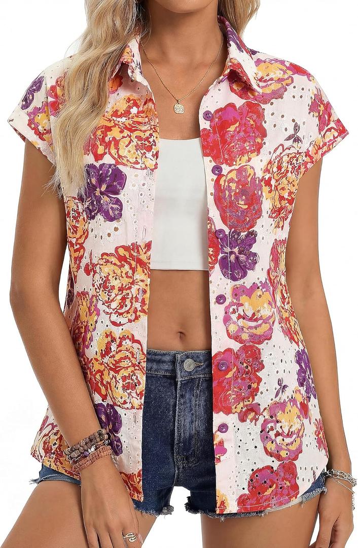 GRACE KARIN Floral Eyelet Spring Summer Tops for Women,2026 V Neck Dressy Casual Shirts,Boho Button Down Short Sleeve Blouses (XXL)