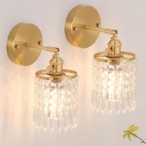 Shenmoyl Set of 2 Crystal Battery Operated Wall Sconce, Rechargeable Battery Powered Wall Lamp with Remote Control, Modern Dimmable Wireless Wall Lights for Bedroom Bathroom(Transparent, Gold Base)