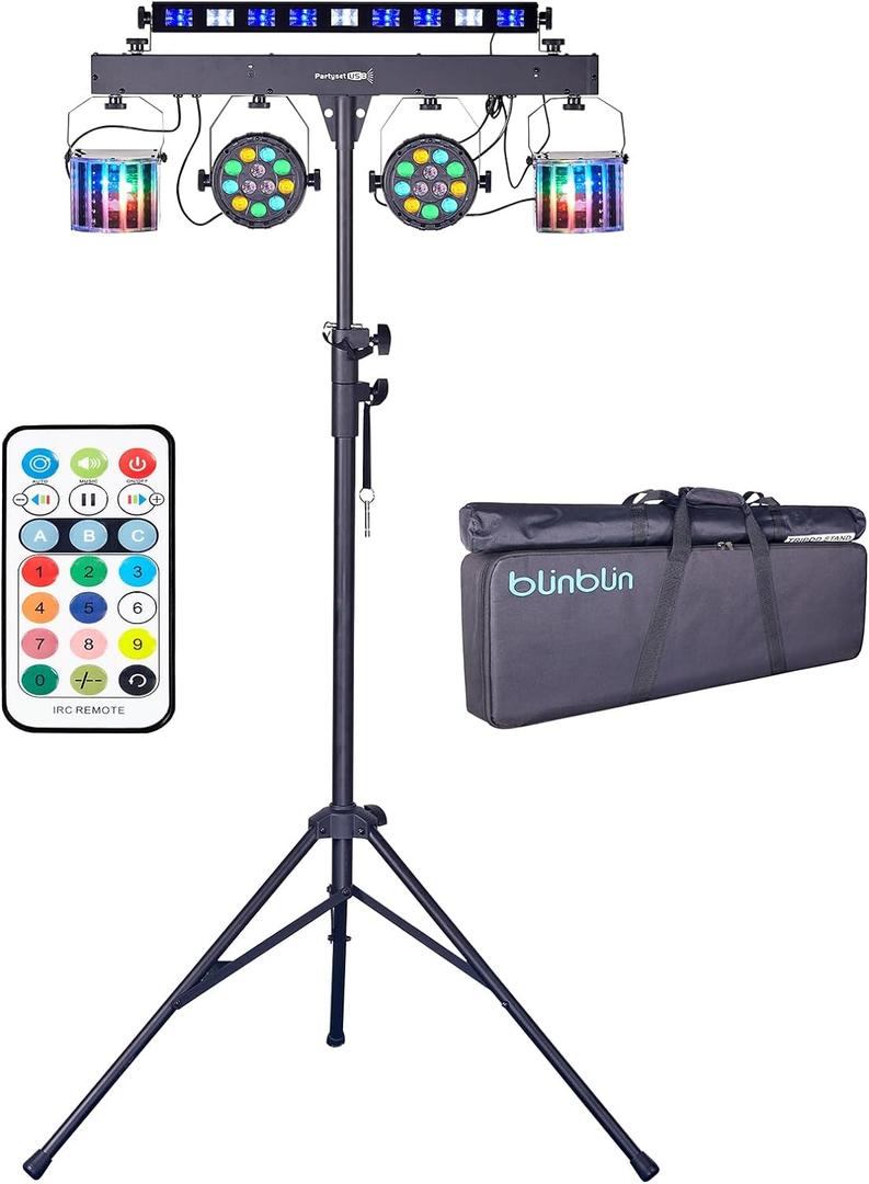 DJ Lights with Stand, 5 in 1 Party Lights DJ Disco Light for Parties Indoor, Sound Activated Mobile Stage Lighting System with DMX& Remote Control, Disco Ball Stage LED Par Light with Bag for Bar Gig