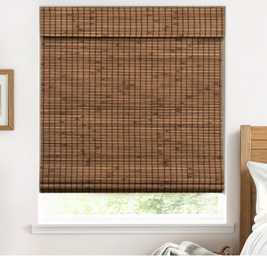 UNISHADES Cordless Bamboo Roman Shades for Windows, 100% Blackout Backing Fabric for Light Blocking, 21" W × 64" H - Penang Teak