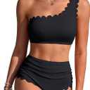 Charmo Womens One Shoulder Bikini Sets High Waisted Tummy Control Bathing Suits Ribbed Scalloped Two Piece Swimsuit 2026 (Black, M)