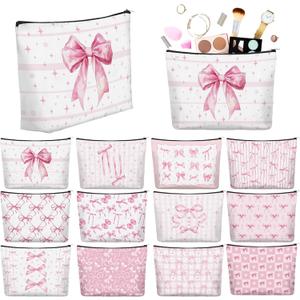 Reginary 12 Pcs Pink Bow Makeup Bags Coquette Bow Cosmetic Bags with Zippers Coquette Party Favors Pink Aesthetic Elegant Pouch Bulk Gifts for Women Stuff Christmas Birthday Supplies Travel Accessory