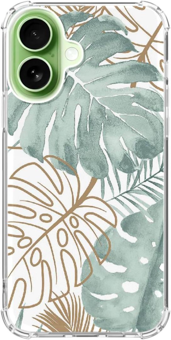 Tropical Monstera Leaves Phone Case Compatible with iPhone 17, Green Gold Leaves Plants Phone Cover, Soft Trendy Design TPU Bumper Cover Case