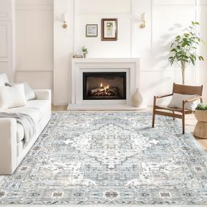 Area Rug 8x10 Washable Rugs for Bedroom, Vintage Floral Rug Soft Non Slip Stain Resistant Carpet for Living Room Dinning Room Kitchen Home Office Blue Green Multi