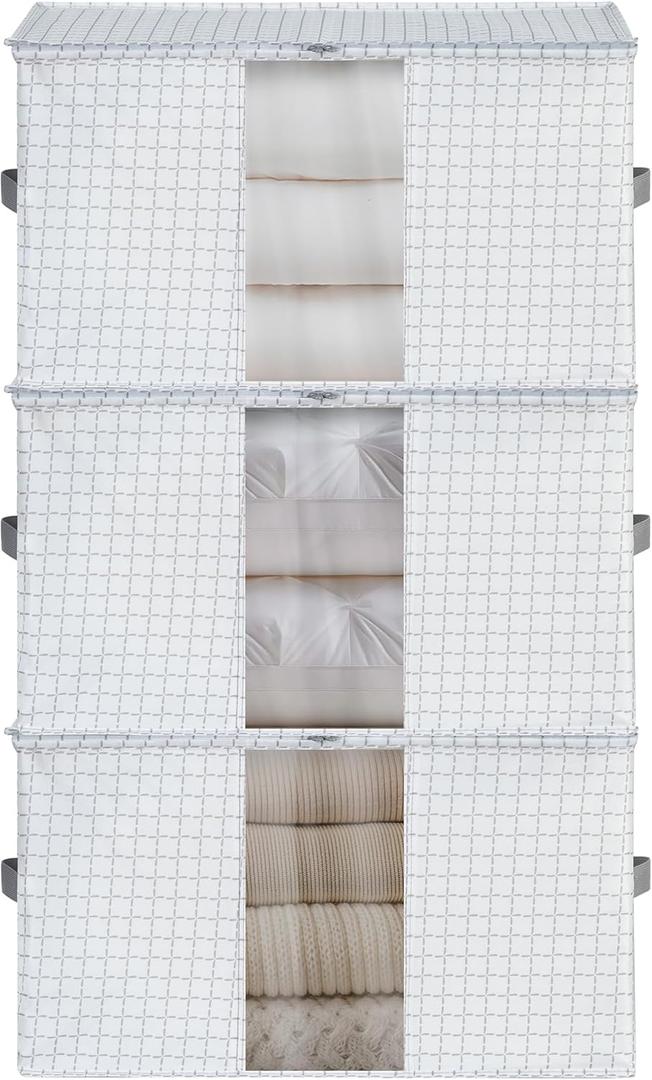 2 x 65L Freestanding Storage Bags, 3-Pack Waterproof Clothes Storage Bins Foldable Closet Organizers with 2 Durable Handles & Zipper for Blanket, Comforters, Bed Sheets, Pillows, Toys (White Print)