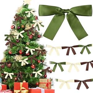 Trandraft 2 Pcs Christmas Bow Garland Banner 16.4 ft Pre-Assembled Brown Green Champagne Satin Bows Ornaments Xmas Bow Hanging Decor for Room Fireplace Bachelorette Party Birthday Baby Shower Supplies