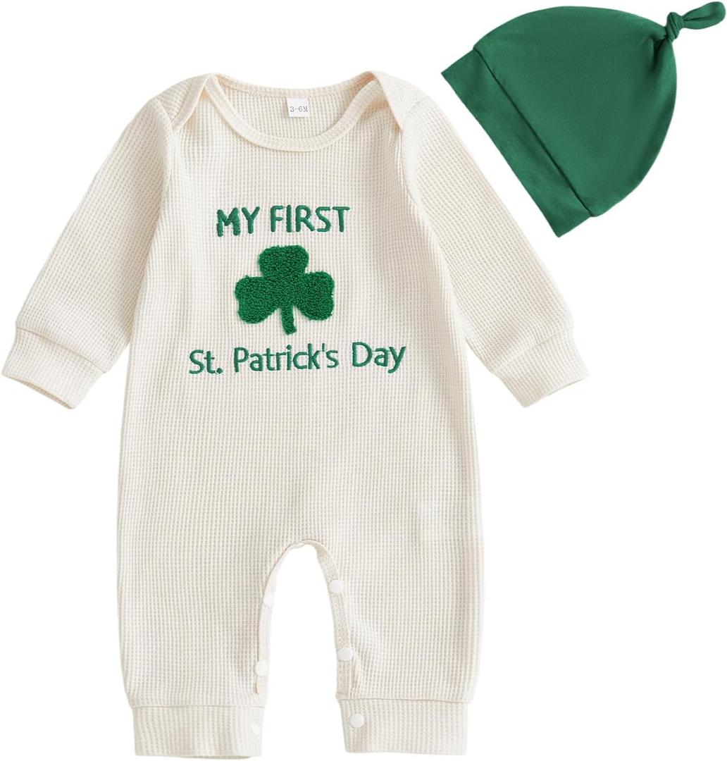 Amnnchya My First St Patricks Day Baby Girl Boy Outfit Cute Clover Jumpsuit Irish Romper Newborn Fall Winter Spring Clothes, 0-3 Months