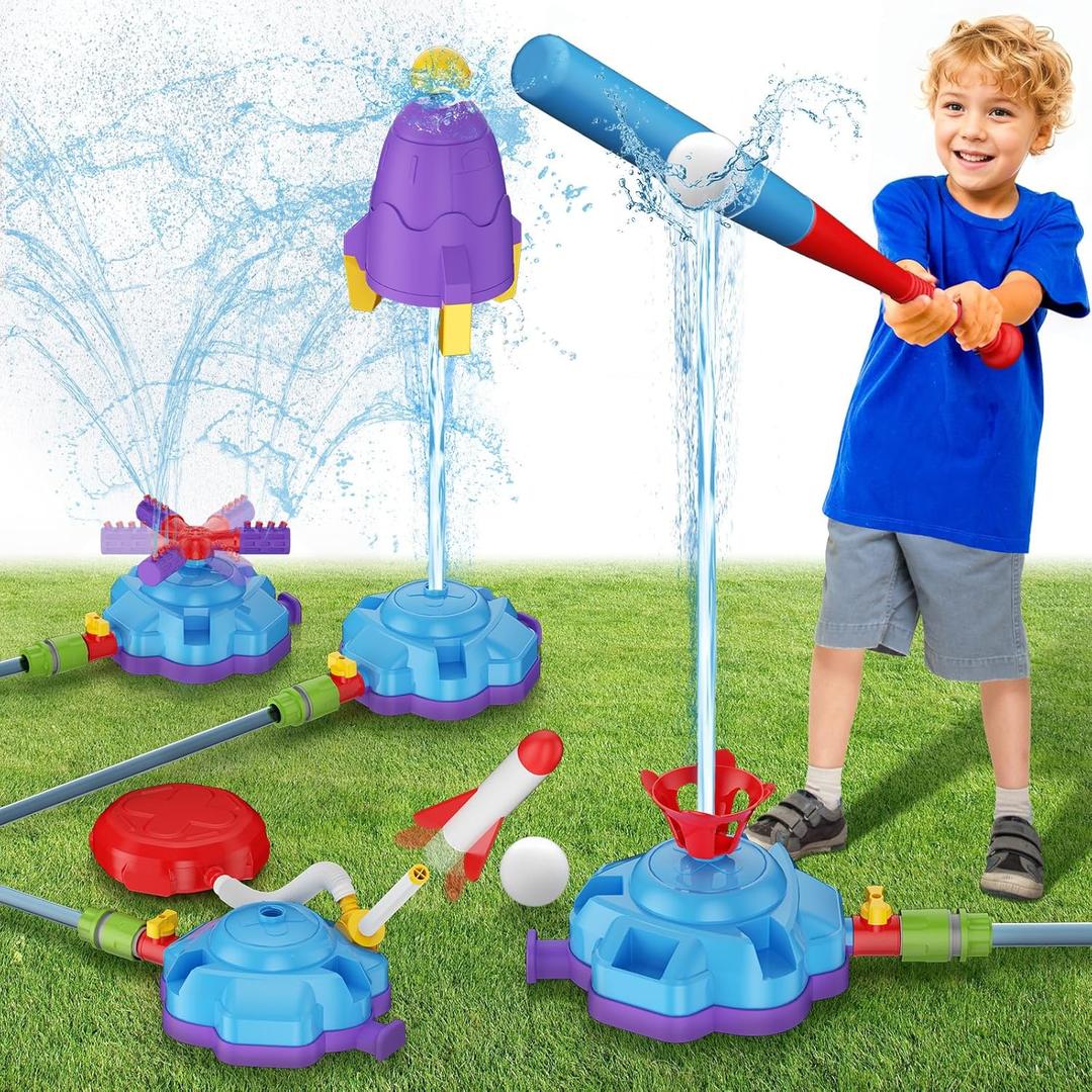 4-in-1 Water Sprinkler for Kids, Water Outdoor Baseball Rocket Launcher Toy with Water Sprinkler Baseball Toy, Kids Outdoor Sprinkler for Summer Backyard Lawn Pool Party for Ages 3-8 (Blue)